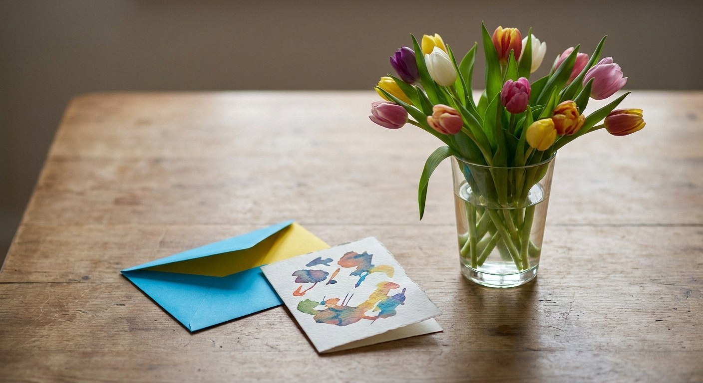A wooden table holding a clear glass vase with a bouquet of colorful tulips. Next to it is a blue envelope with a