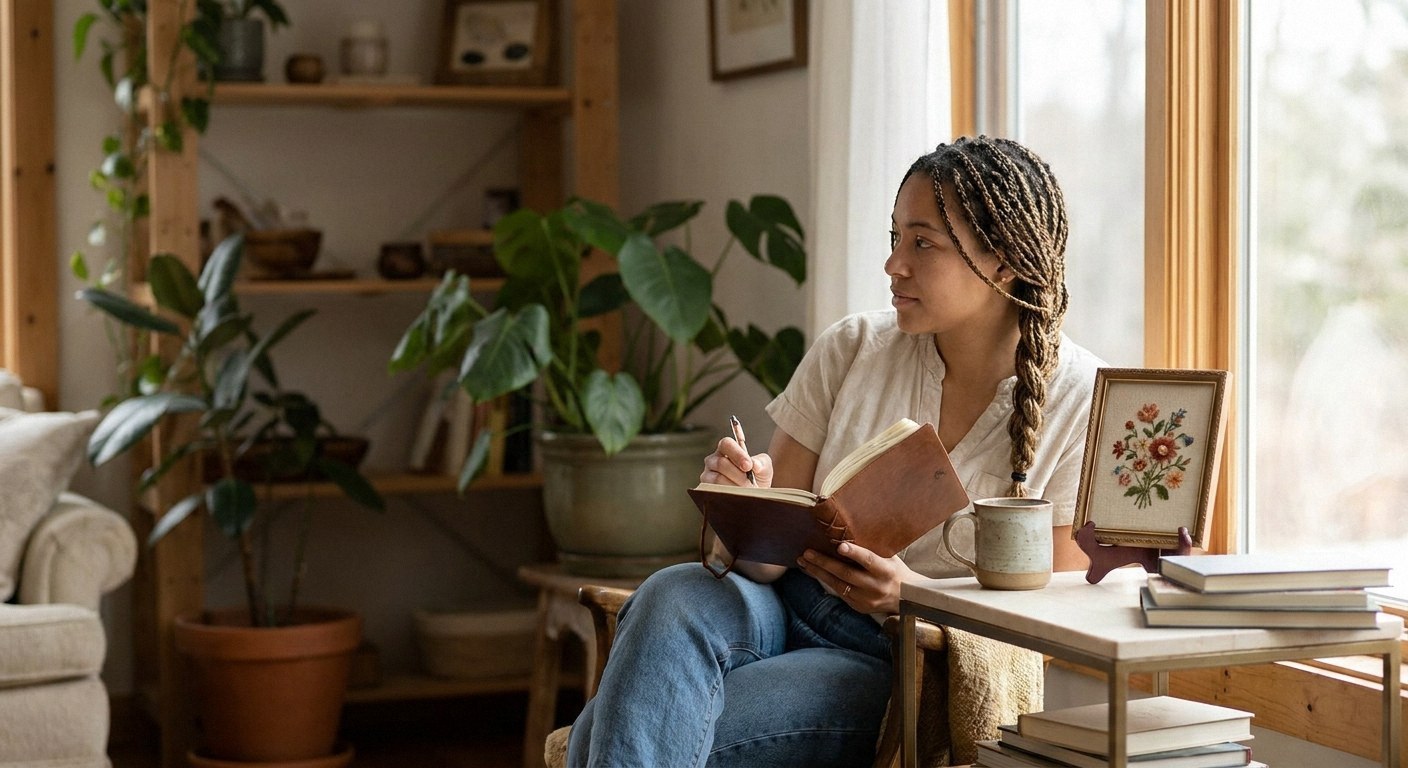 A woman with braided hair sits by a window, holding a pen and journal. A table nearby has a mug, books, and framed art