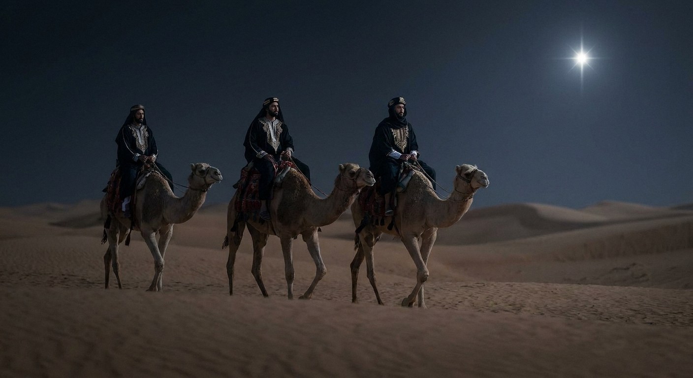 Three Kings in ornate robes traveling on camels across a sandy desert at night, guided by a brightly shining star in