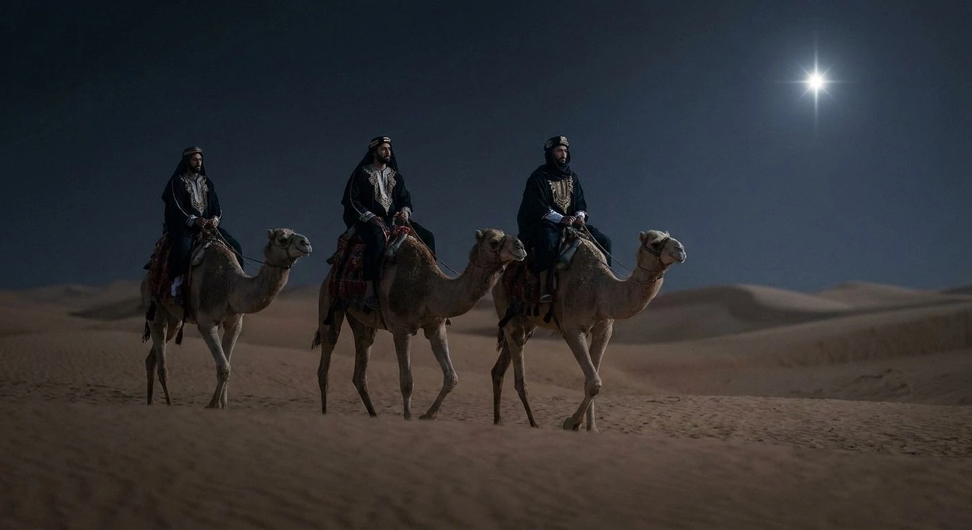 Three Kings in ornate robes traveling on camels across a sandy desert at night, guided by a brightly shining star in