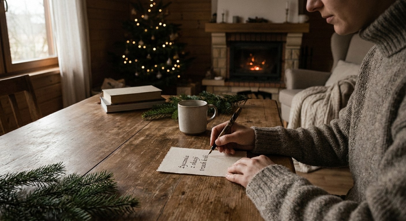 Person in a knit sweater writing 'Życzenia z okazji trzech króli' on a paper at a wooden table. Background includes a