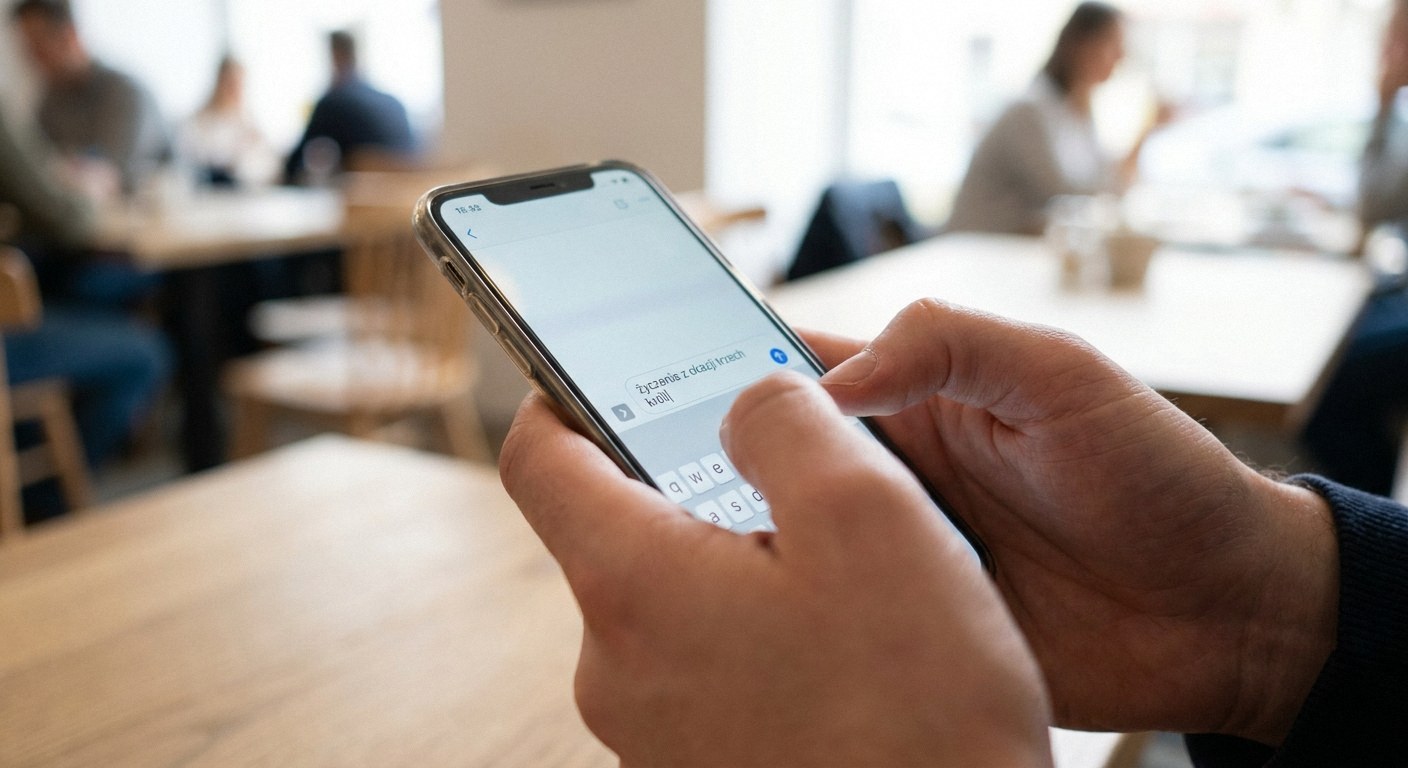 Process view focusing closely on a person's hands actively typing a text message on a modern smartphone screen, with a